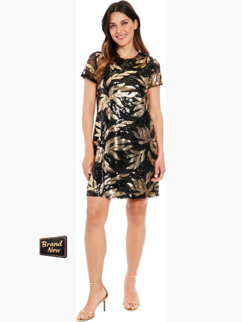 Sequin Shift Dress with Floral Pattern - Short Sleeve Mini